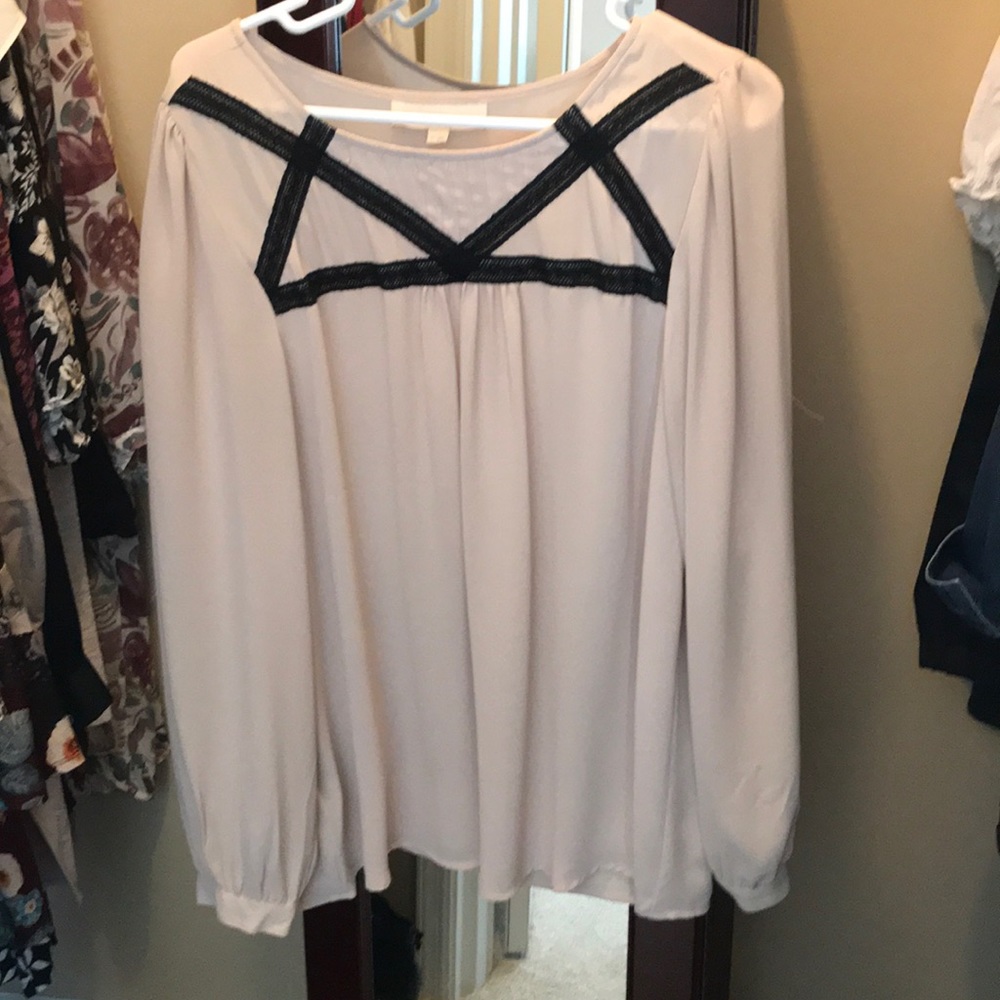 Loft Tan with Black Lace Blouse